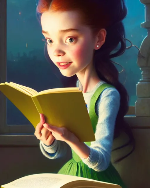 Image similar to highly detailed portrait of beautiful girl reading a book in toy story 3, dynamic pose, stephen bliss, unreal engine, fantasy art by greg rutkowski, loish, rhads, ferdinand knab, makoto shinkai and lois van baarle, ilya kuvshinov, rossdraws, tom bagshaw, global illumination, radiant light, detailed and intricate environment