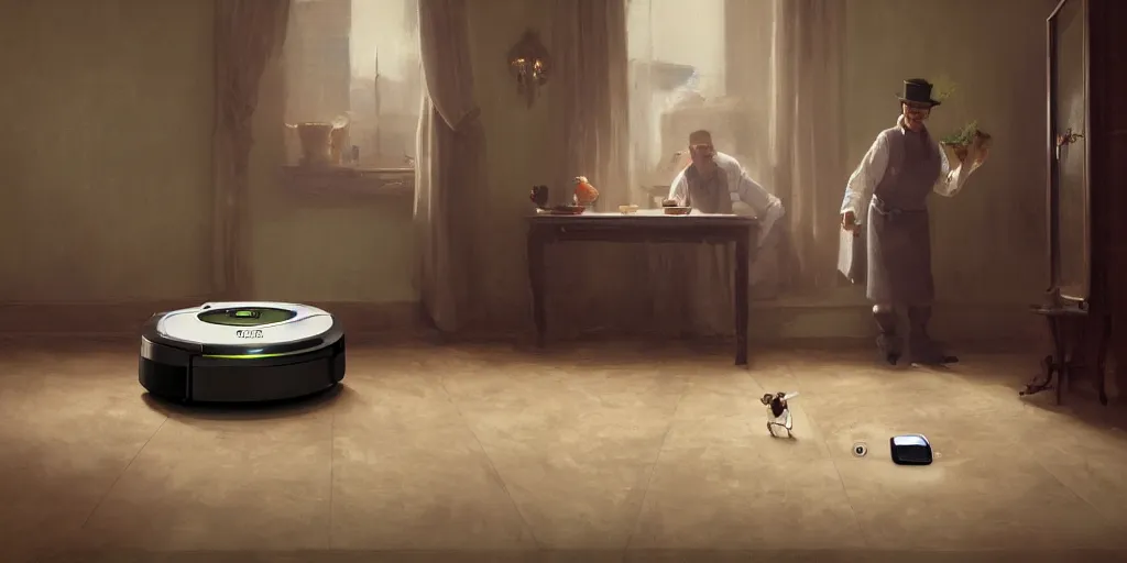 Prompt: A humble roomba butler attempts to serve food to guests at a fancy houseparty, cozy wallpaper, 4k, trending on Artstation, award-winning, art by Greg Rutkowski