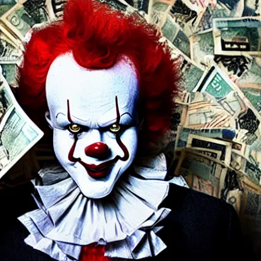 Image similar to Pennywise the clown wearing a suit and holding a stash of banknotes in his hands, full body shot