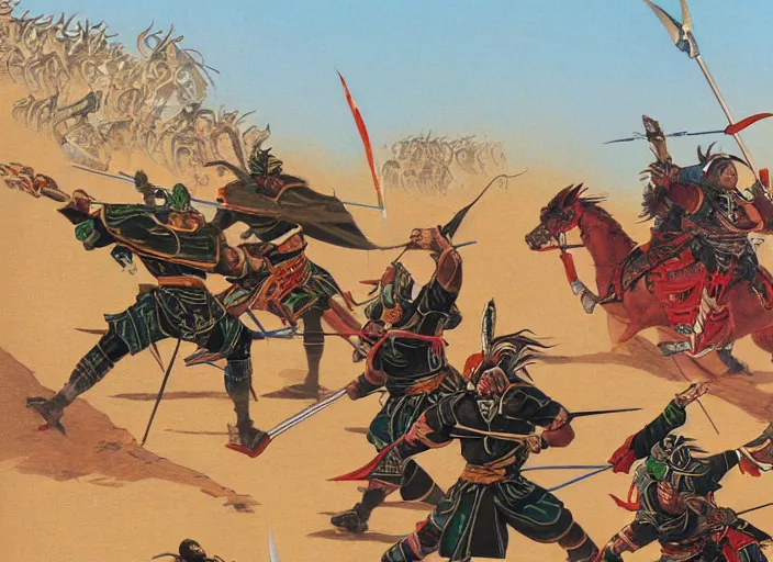 Prompt: lu bu versus zhang fei, guan yu, and liu bei as illustrated by ralph mcquarrie during the golden hour