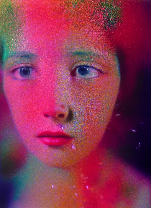 Image similar to realistic photo of a blurred face of a girl, covered in shriveling dead semi - translucent iridescent coral reef, emitting aura, 1 9 6 0, life magazine photo, natural colors, metropolitan museum, kodak, 8 k, very detailed, high resolution, product photo,