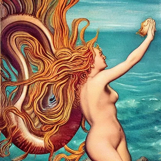 Image similar to The painting depicts the moment when the goddess Venus is born from the sea. She is shown standing on a giant clam shell, with her long, flowing hair blowing in the wind. The painting is full of light and color, and Venus looks like she is about to step into a beautiful, bright future. outrun, copper verdigris by Max Dupain, by Bruce Timm 3d render