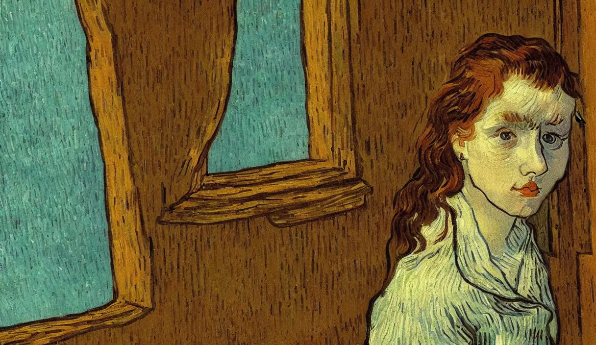 Image similar to lonely young woman with brown hair looking outside of window thinking, painting by van gogh