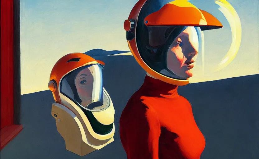 Image similar to Portrait of a woman astronaut with helmet and latex suit, very coherent, painted by Edward Hopper, painted by James Gilleard, airbrush, art by JamesJean