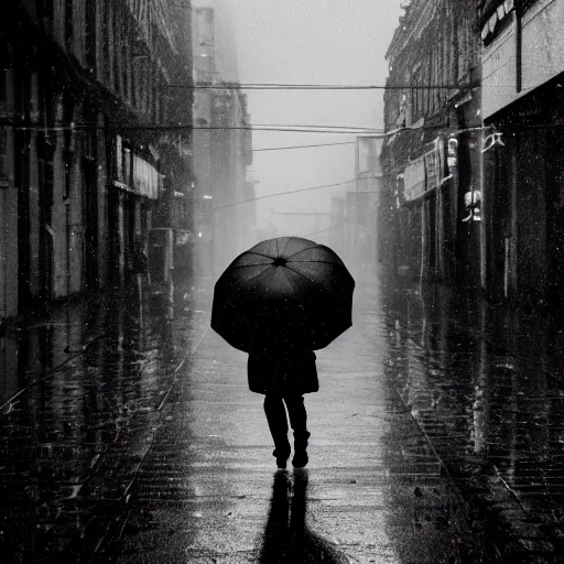 Image similar to A dramatic portrait of a detective in yellow rain coat , red umbrella , walking in a black and white street . Cinematic lighting