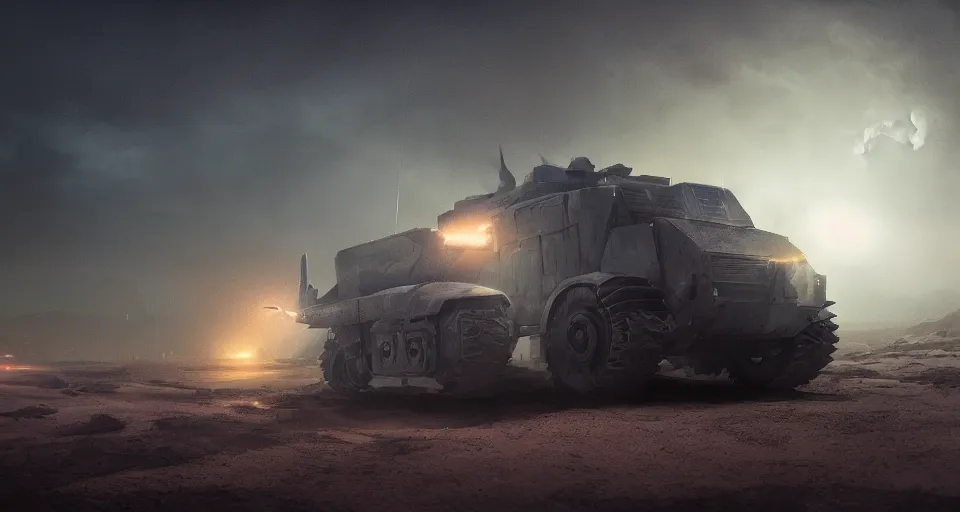 Image similar to an image of an armored vehicle in the night desert with blue headlights on by Paul Chadeisson, atmospherical, concept art, high detail, intimidating , cinematic, lightning , heavy storm , Artstation trending, octane render