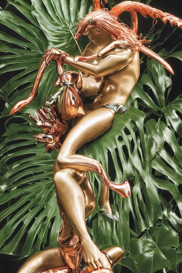 Prompt: extreme close - up of a chrome cyborg nymph vinetria statue with long flowing hair wrestling with a giant flamingo, tropical monstera medinilla magnifica flower plants, thick pigmented smoke, by jeff koons, hajime soryama, boris vallejo, artgerm, greg rutkowski, alphonse mucha