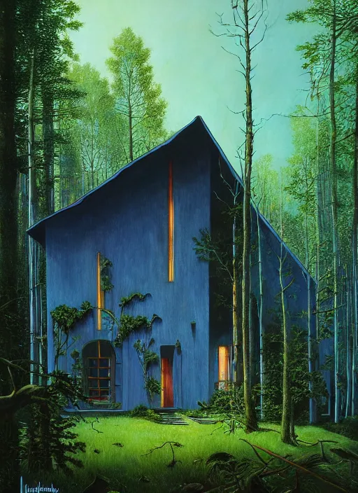 Prompt: hyper realistic witchy modern house with mood lighting and technology in the woods gorgeous lighting, blue sky, highly detailed, lush forest foliage painting by zdzisław beksinski and norman rockwell and greg rutkowski weta studio, and lucasfilm