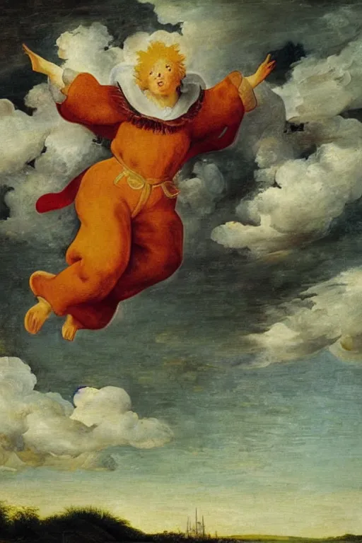 Prompt: ronald mcdonald as an angel ascending into the heavens with wings made of french fries, cute winged chicken nuggets flying all around, halo, sunbeams, clouds, oil on panel, by pieter brueghel