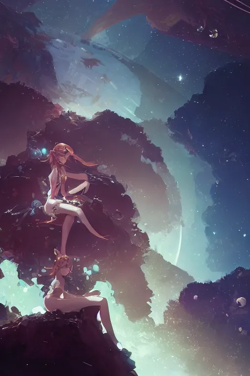 Prompt: A beautiful whimsical woman sitting on a bed of crystals below planets, cinematic lighting, dramatic atmosphere, by Dustin Nguyen, Akihiko Yoshida, Greg Tocchini, Greg Rutkowski, Cliff Chiang, 4k resolution, trending on artstation