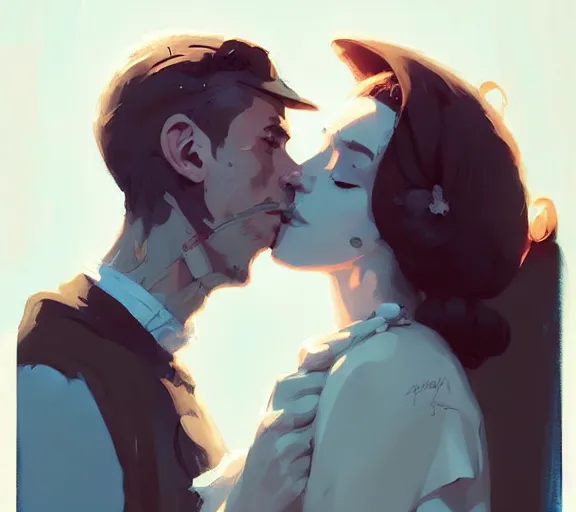 Image similar to portrait will kissing elisabeth by atey ghailan, by greg rutkowski, by greg tocchini, by james gilleard, by joe fenton, by kaethe butcher, by ashley wood, dynamic lighting, gradient light blue, brown, blonde cream and white color scheme, grunge aesthetic