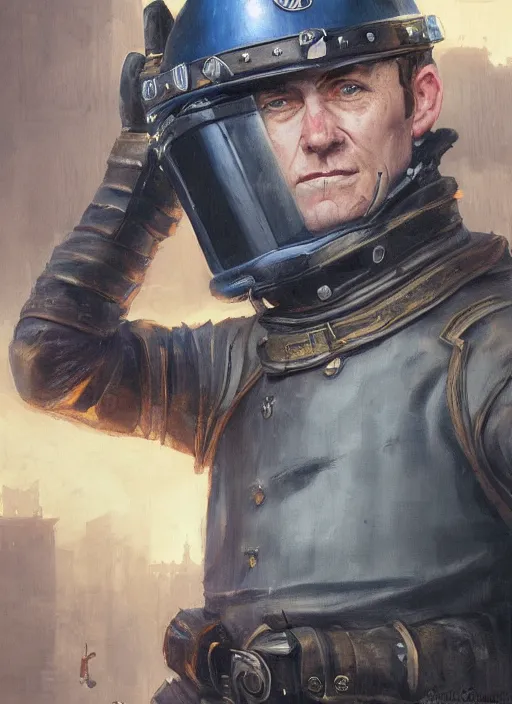 Prompt: a portrait of sam vimes wearing his city watch uniform with helmet, beautiful painting with highly detailed face by greg rutkowski and magali villanueve