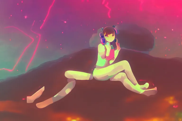 Image similar to a cute anime girl wearing headphones sitting on a cloud relaxing, misty, glows, digital art, hazy, foggy, ambient lighting, 8 k, neon, synthwave,