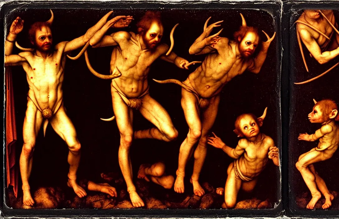 Prompt: a jocund baby faun altarpiece ambiguous transition from night into day focal point intact flawless ambrotype from 4 k criterion collection remastered cinematography gory horror film, ominous lighting, evil theme wow photo realistic postprocessing by hans holbein the younger by jan urschel