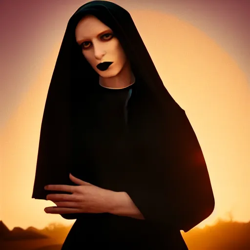 Prompt: photographic portrait of a stunningly beautiful goth nun female in soft dreamy light at sunset, contemporary fashion shoot, by edward robert hughes, annie leibovitz and steve mccurry, david lazar, jimmy nelsson, breathtaking, 8 k resolution, extremely detailed, beautiful, establishing shot, artistic, hyperrealistic, beautiful face, octane render