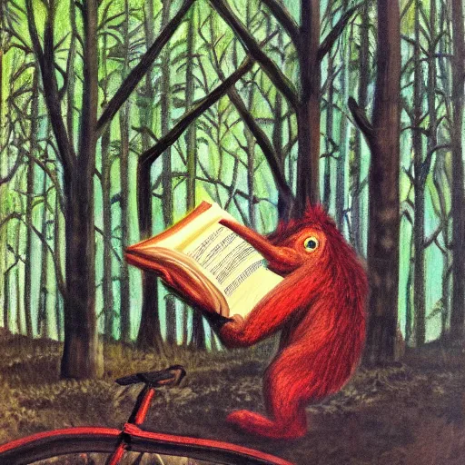 Image similar to monster reading a book in a forest, where the wild things are, bicycle nearby, oil on canvas, calm