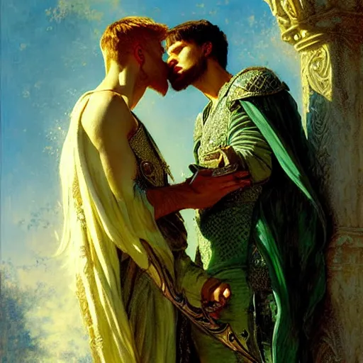 Image similar to stunning arthur pendragon in love with stunning male merlin the mage. they are close to each other, touching, looking. highly detailed painting by gaston bussiere, craig mullins, j. c. leyendecker