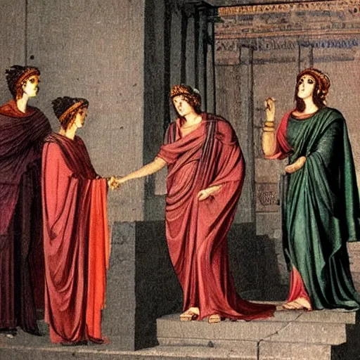 Image similar to the female oracle in delphi giving a prophecy to the king of thera, 6 3 0 bc