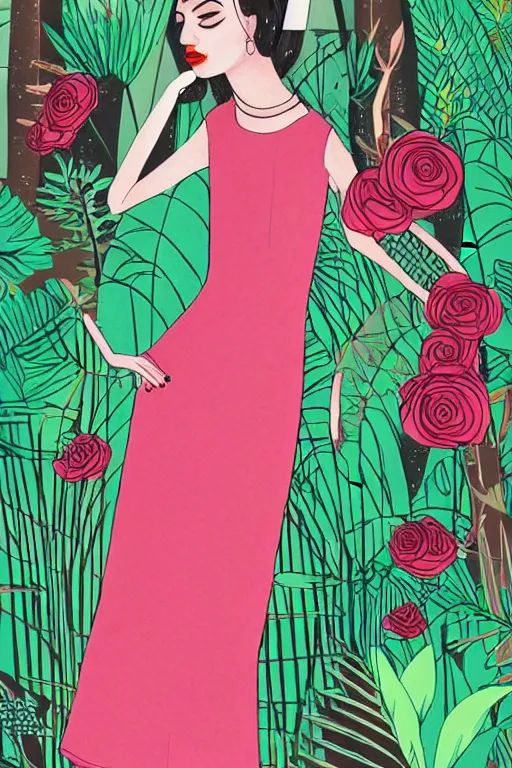 Prompt: rose colored dress, fashion illustration by eko nugroho, jungle background, detailed, clean lines