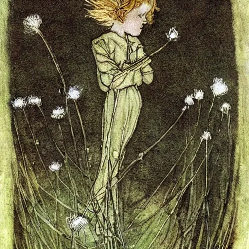 Image similar to a beautiful fairytale painting of a dandelion seed that is also a fairy. the dandelion seed is the body of the fairy. beautiful clear painting by arthur rackham