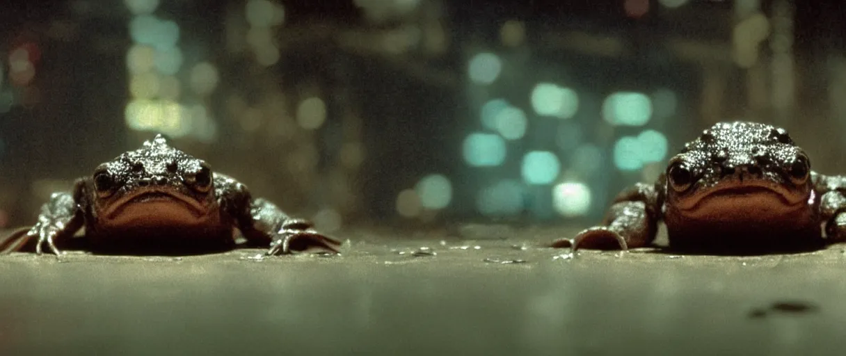 Image similar to Close up of a happy Lepidobatrachus laevis sitting on the floor and facing the camera in a still from the movie Blade Runner (1982), high quality, rain, rain drops, cold neon lighting, 4k, night, award winning photo, beautiful, cute