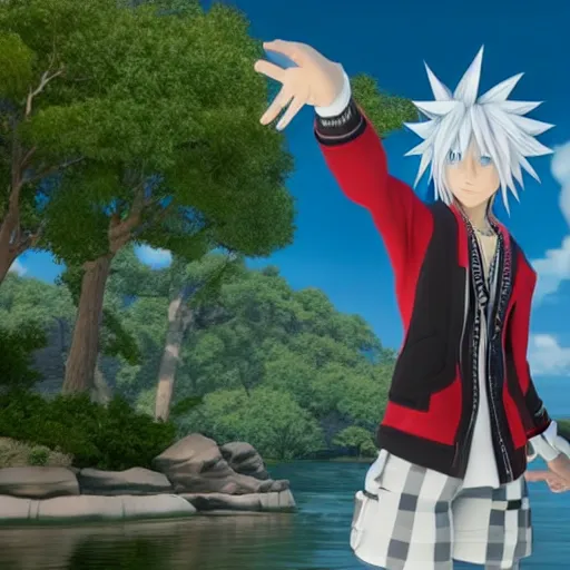 Prompt: a white haired anime character holding out his hand in front of a body of water, a screenshot by michelangelo, deviantart contest winner, vanitas, official art, unreal engine 5, unreal engine. kingdom hearts opening. kingdom hearts cinematic.