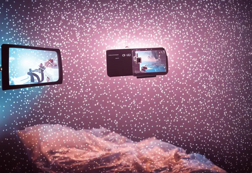 Prompt: 3 d ✈ popping out of curved movie screen, bedroom, volumetric lighting, sleeping, pair of keycards on table, bokeh, creterion collection, shot on 7 0 mm, instax