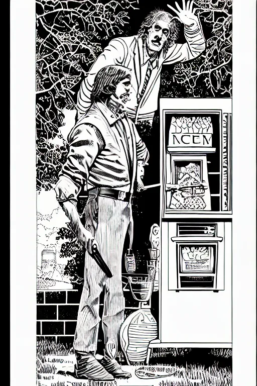 Image similar to ice cream man, pen - and - ink illustration, etching, by russ nicholson, david a trampier, larry elmore, 1 9 8 1, hq scan, intricate details, stylized border