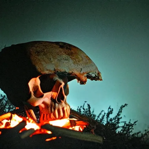 Prompt: skull in a campfire at night, spooky, horror, creepy lighting directed by wes craven