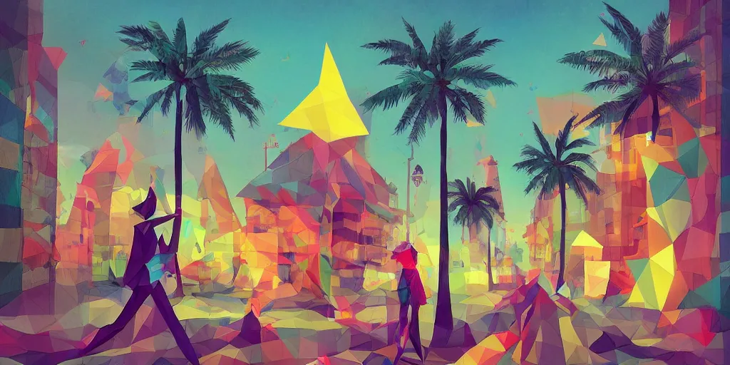 Prompt: low poly, pixar, tel aviv street, bauhaus, palm trees, nostalgia for a fairytale, magic realism, flowerpunk, mysterious vivid colors by andy kehoe and amanda clarke