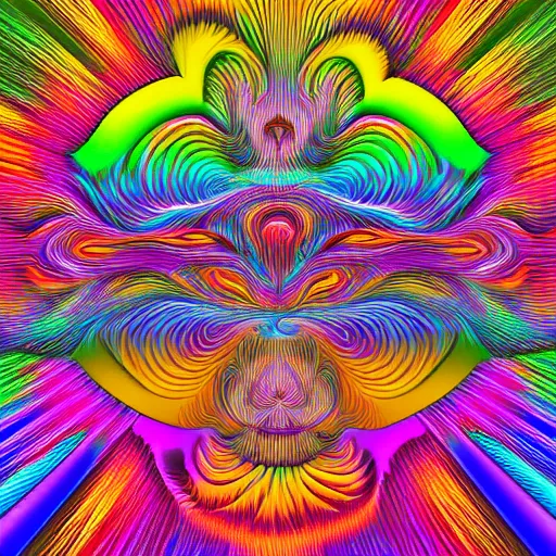 Prompt: chihuahua with rainbow fur, psychedelic fur, in an abstract mc escher environment, happy chihuahua, 4 k, 8 k, ultra detailed, digital illustration