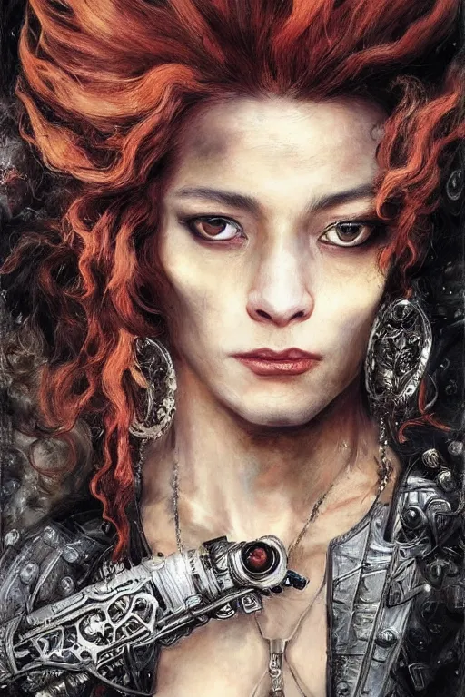 Image similar to portrait, headshot, insanely nice hair style, dramatic hair color, digital painting, of a old 17th century, old cyborg merchant, amber jewels, baroque, ornate clothing, scifi, realistic, hyperdetailed, chiaroscuro, concept art, art by Franz Hals and Jon Foster and Ayami Kojima and Amano and Karol Bak,