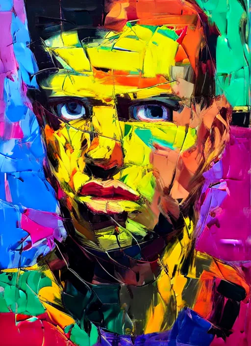 Prompt: an expressive oil portrait painting of a man by francoise nielly. detailed paint strokes. aesthetically pleasing bold colors.