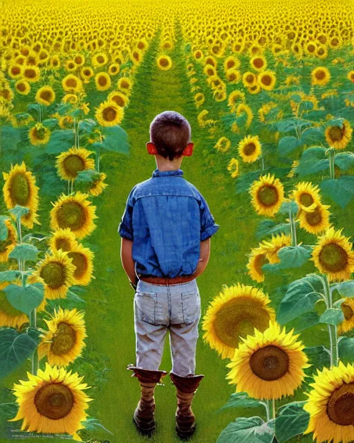 Image similar to boy standing on a hill looking down into the valley of sunflower fields, hills, cliffs, yellow sunflowers flower boy album cover by norman rockwell