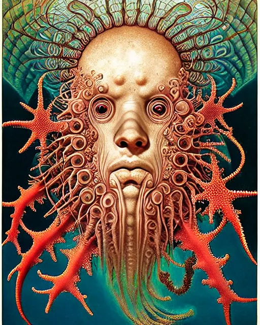 Image similar to realistic detailed underwater face portrait of the beautiful young god of the fish of the fractal waters with an intricate headgear of corals, sea kelp, sea plants, fish, starfish, jellyfish, art by ernst haeckel, zdzisław beksinski, hieronymus bosch, gothic, neo - gothic, ornamental, beautiful deep colours,