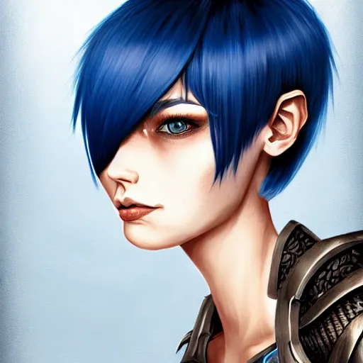 Prompt: illustrated realistic portrait female ram-horned kobold with asymmetric short haircut blue hair with dark eyes wearing strap leather armor by rossdraws