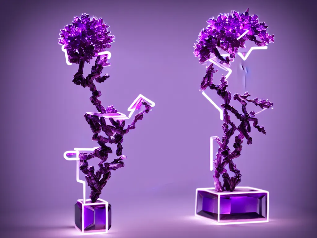 Image similar to beautiful mannequin sculpted out of amethyst by billelis + lit with purple 3 d geometric neon + chrome geometric cubed bonsai plants!!!!, doorway opening with neon pink geometric light, clean linework, dramatic, finely detailed, rule of thirds, moody, confident, award winning, 4 k, trending on artstation, photorealistic, volumetric lighting, octane render