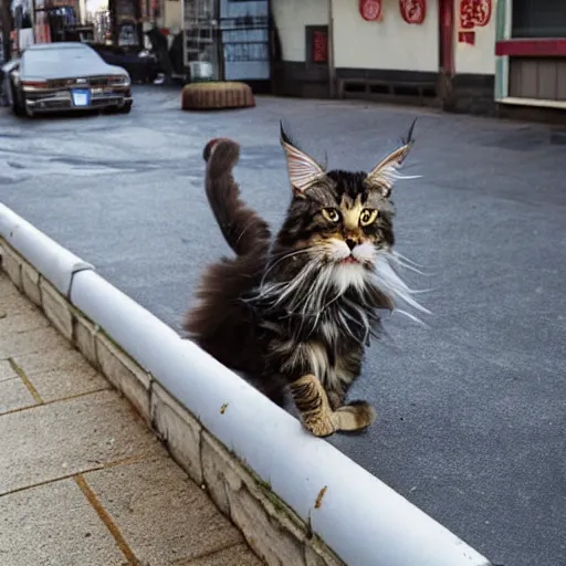 Image similar to a cute maine coon cat walking on the roof of acient chinese in the morning, arcane style