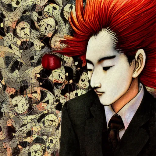 Prompt: yoshitaka amano blurred and dreamy realistic illustration of a character with black eyes and white hair wearing dress suit with tie, junji ito abstract patterns in the background, satoshi kon anime, noisy film grain effect, highly detailed, renaissance oil painting, weird portrait angle, blurred lost edges, three quarter view