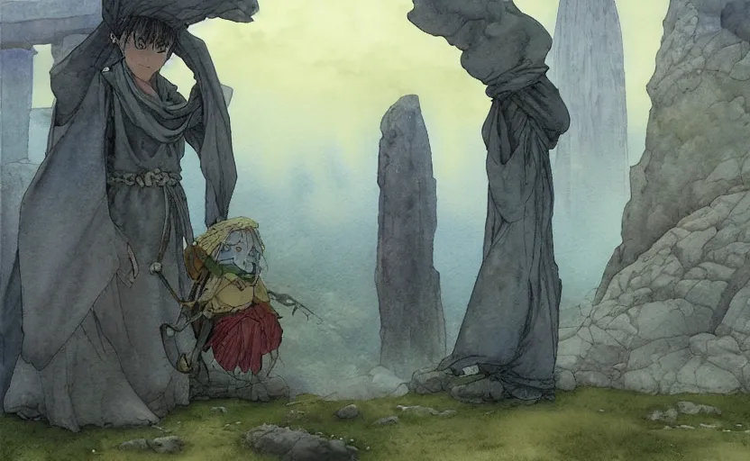 Image similar to a hyperrealist anime watercolor fantasy concept art of a giant monk with a big forehead and a small druid with a grey robe in stonehenge on a misty night. in the background several immense stones are floating in the air. by rebecca guay, michael kaluta, charles vess