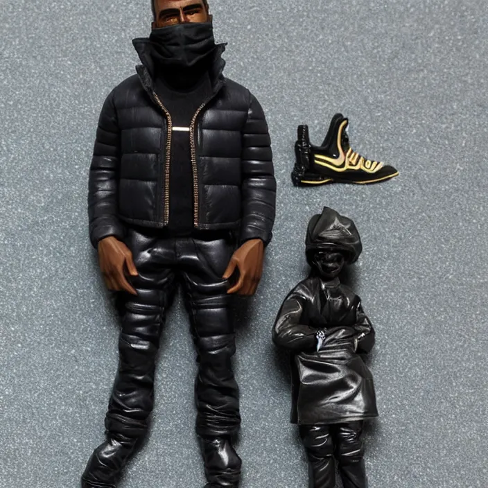 Image similar to a action figure of kanye west using a full face covering black mask, a small, tight, undersized reflective bright blue round puffer jacket made of nylon, dark jeans pants and big black balenciaga rubber boots, figurine, detailed product photo