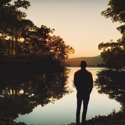 Image similar to a man standing in front of a body of water, a character portrait by max gubler, featured on unsplash, hudson river school, quantum wavetracing, windows vista, physically based rendering