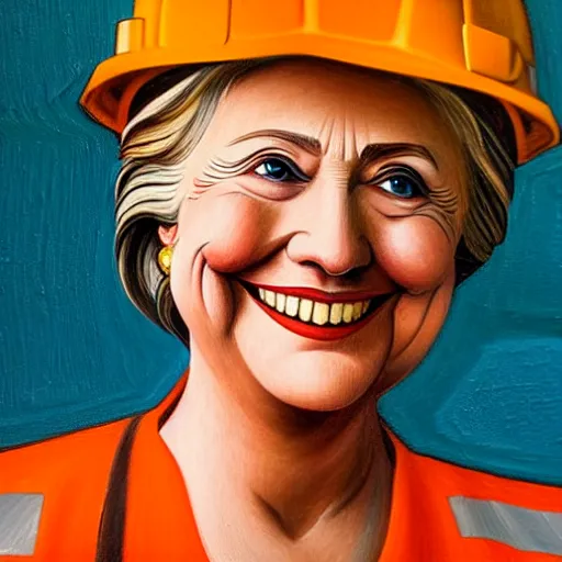 Image similar to stylized oil painting of hillary clinton as a construction worker, wearing an orange safety vest