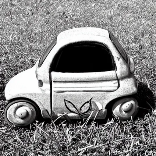 Prompt: an old cozy coupe toy car, abandoned on the side of the road. weeds are overgrown and the eyes on the car look slightly angry. the wheels seem to be turning into hands. black and white photo. surrealism.