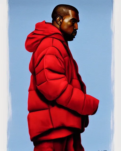 Image similar to kanye west in red puffer jacket, airbrush, drew struzan illustration art, key art, movie poster