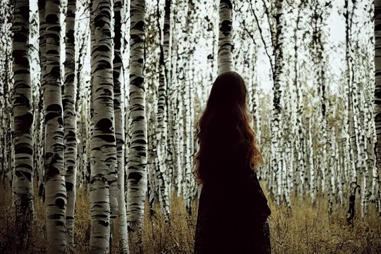 Image similar to “ woman with long, dark hair, wearing a lace dress, side view, standing at the edge of a dense forest of birch and aspen trees, overcast weather, cinematic, colorgrading ”