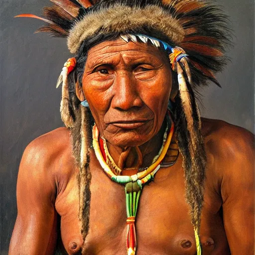 Image similar to high quality high detail painting by lucian freud, hd, full body of a indigenous tribe leader, photorealistic lighting