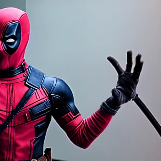 Image similar to Deadpool wearing a pink tutu doing a ballerina pose, holding his bloody katana, smiling at the viewer