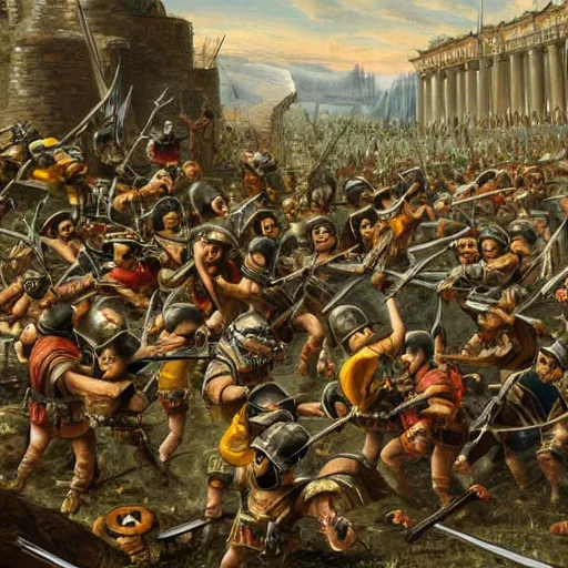Prompt: painting of the minions fighting for the Roman empire, highly detailed