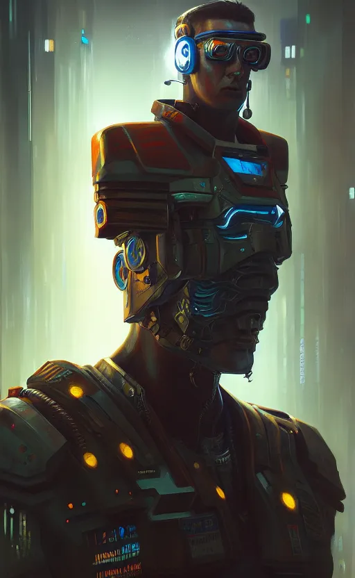 Image similar to cyberpunk solider, concept art by aleksander rostov, oil painting, large strokes, artstation trending, symmetry, awesome exposition, very detailed, highly accurate, intricate, professional lighting diffracted lightrays, 8 k, sense of awe, gamers magazine cover